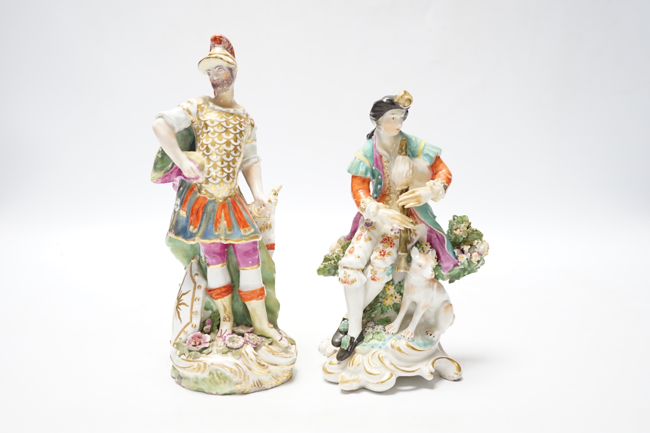 A Chelsea Gold Anchor figure of Mars, c.1760-5, and a Derby figure of a bagpiper, c.1765-70, 20cm (2)